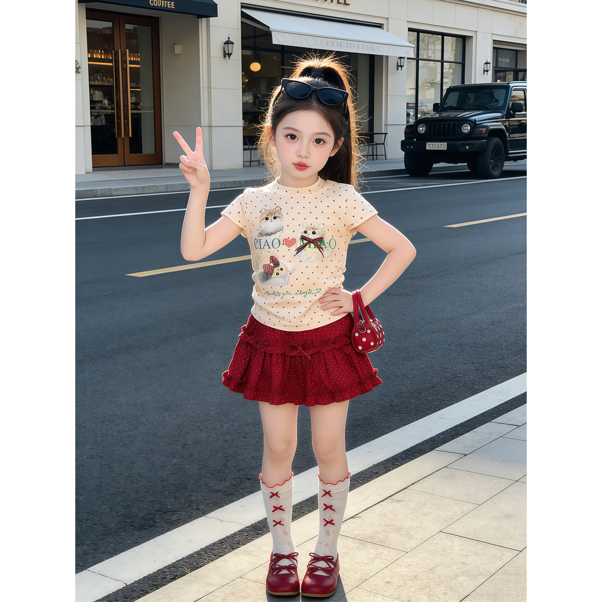 女童夏套装2026新款儿童夏季洋气波点短袖T恤女大童独特漂亮衣服