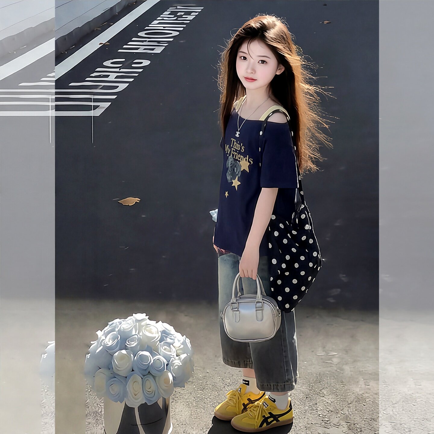 美式卡通印花斜肩露肩短袖套装女