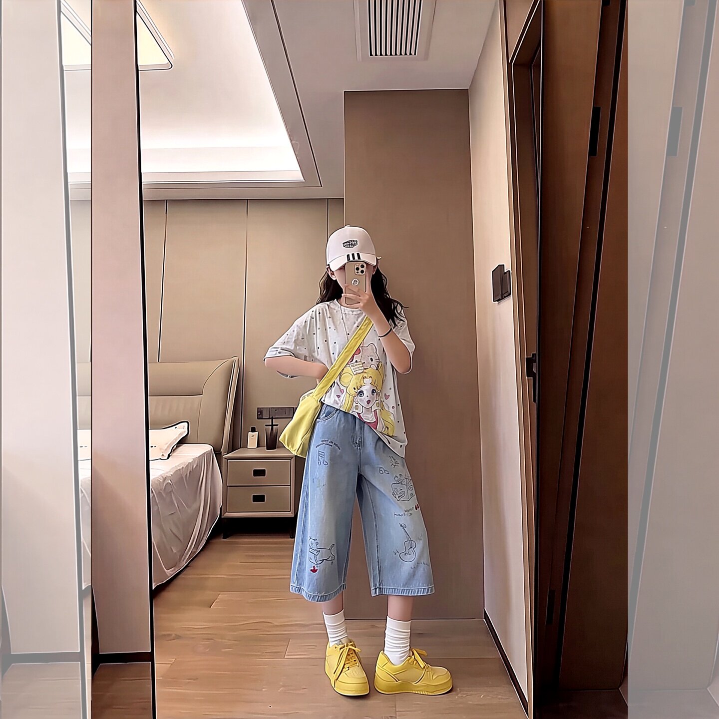 女童夏季卡通印花美少女短袖牛仔