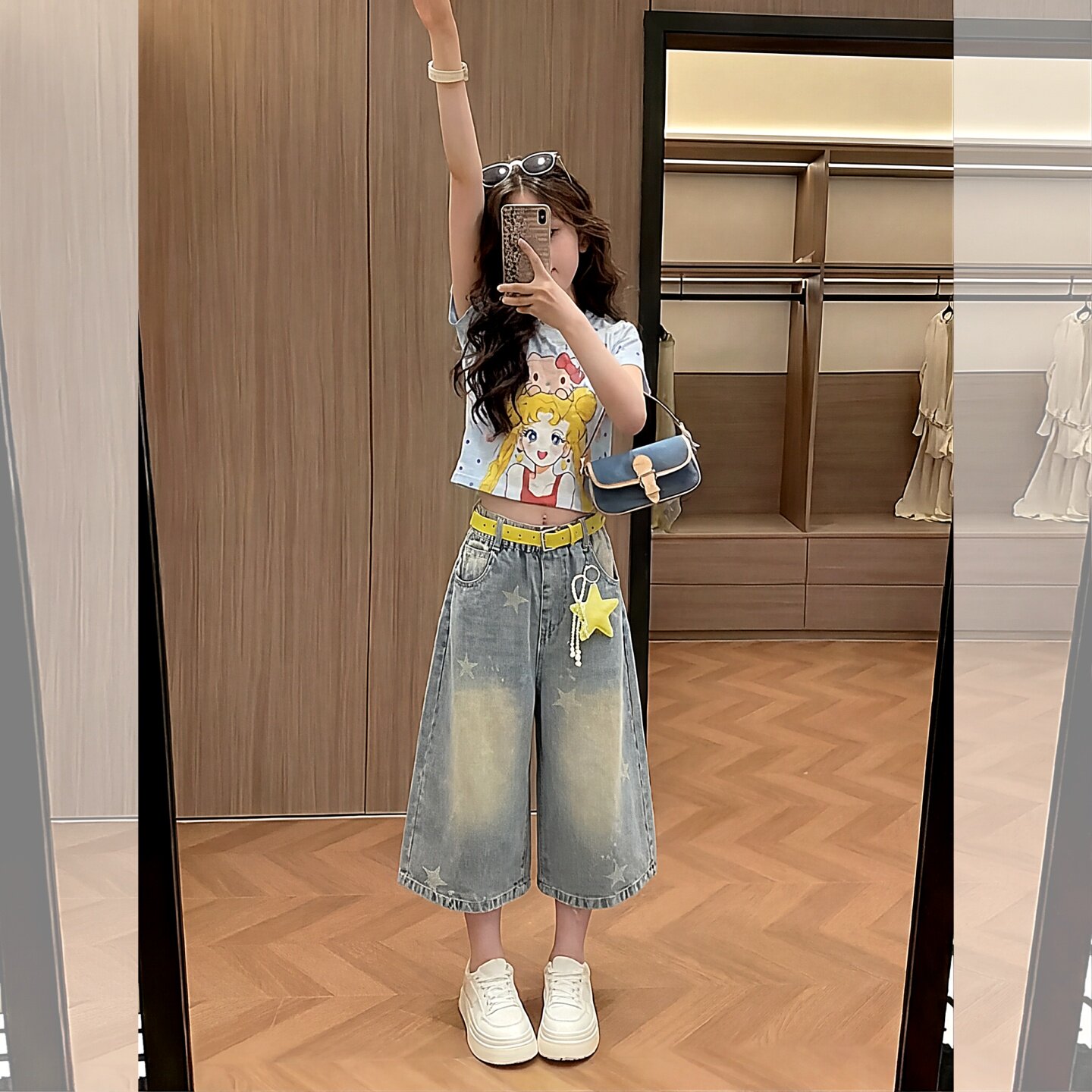 韩版女童卡通印花牛仔套装夏季女