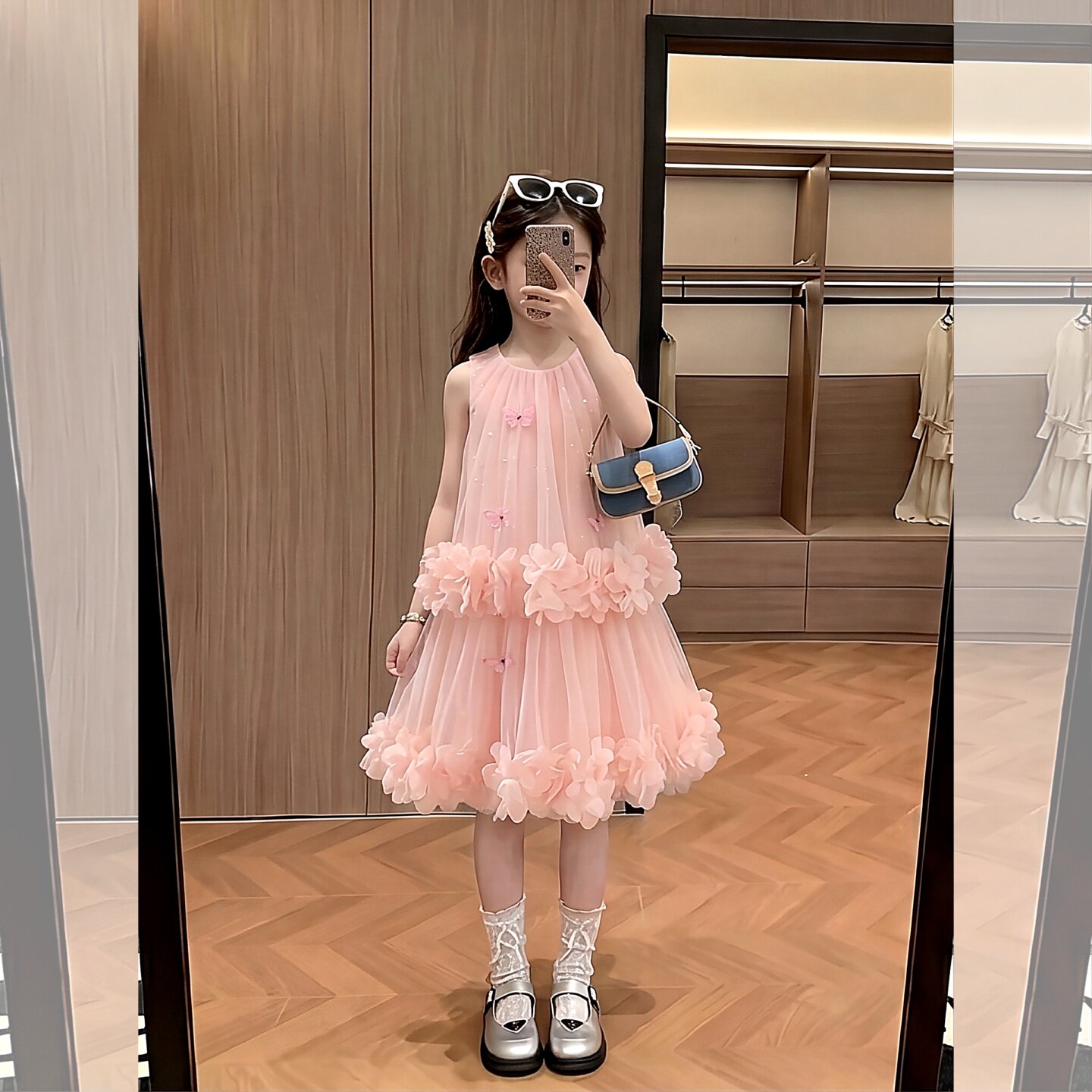 女童粉色公主风立体花朵网纱连衣
