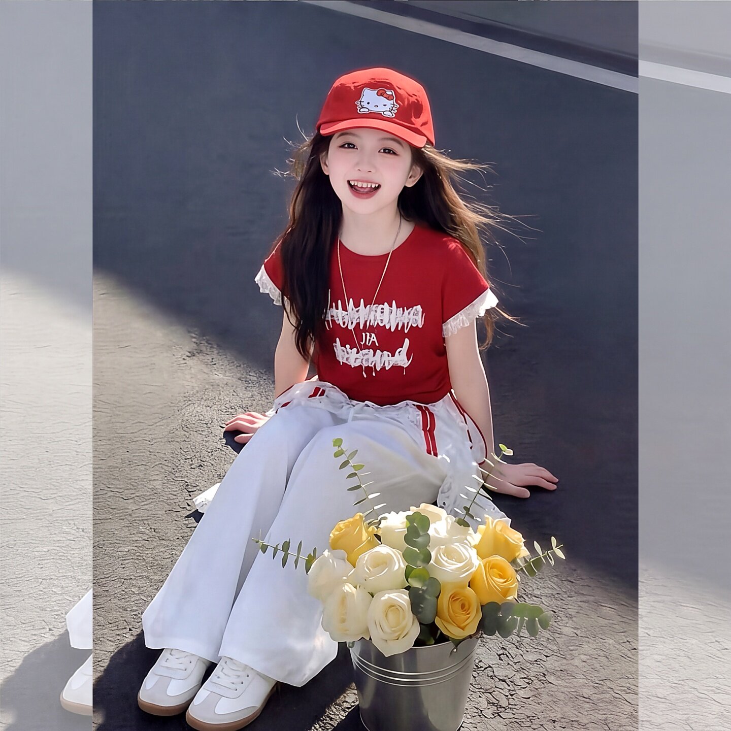 网红女童叠穿裙裤演出服套装红色