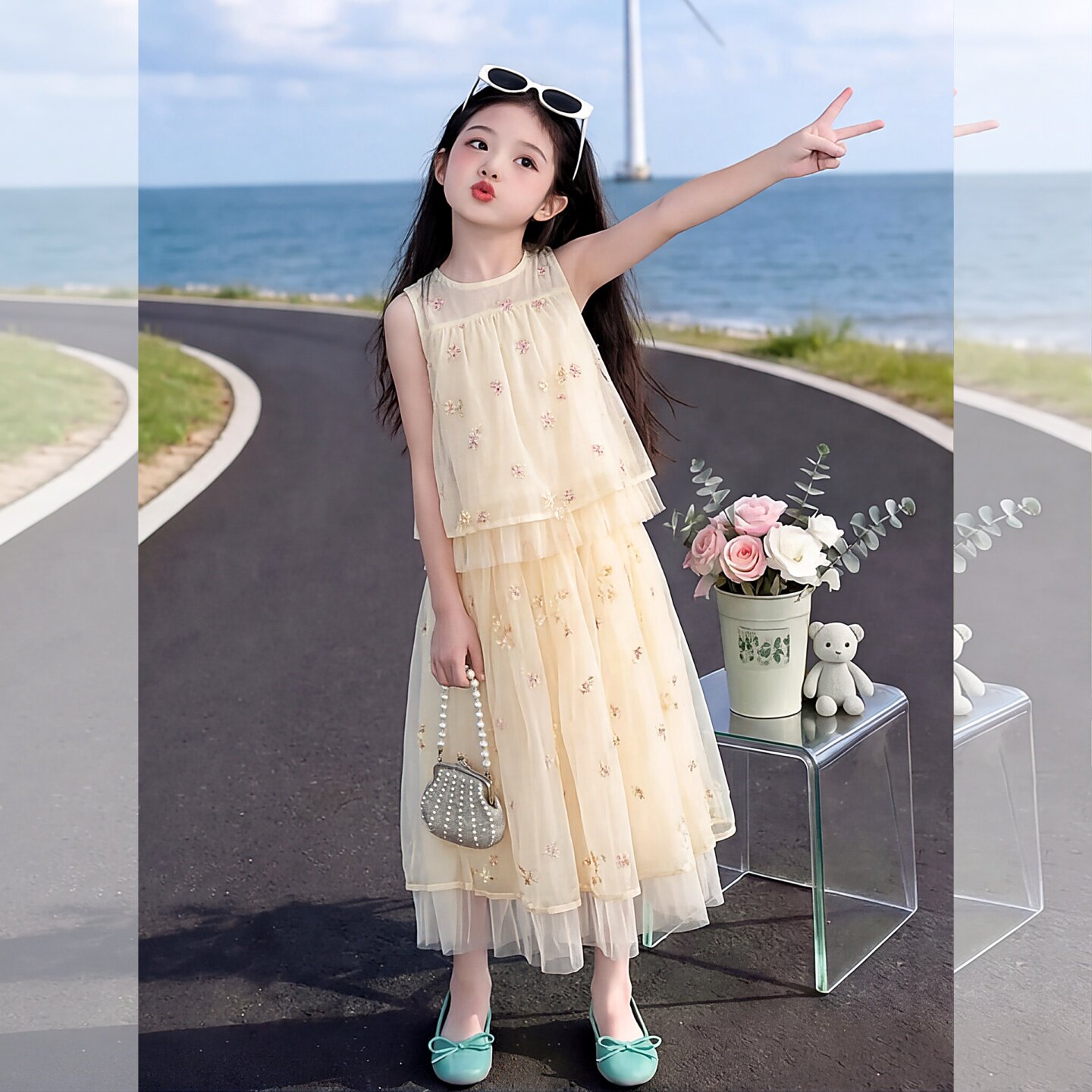 女童夏季温柔风套装裙立体花女孩