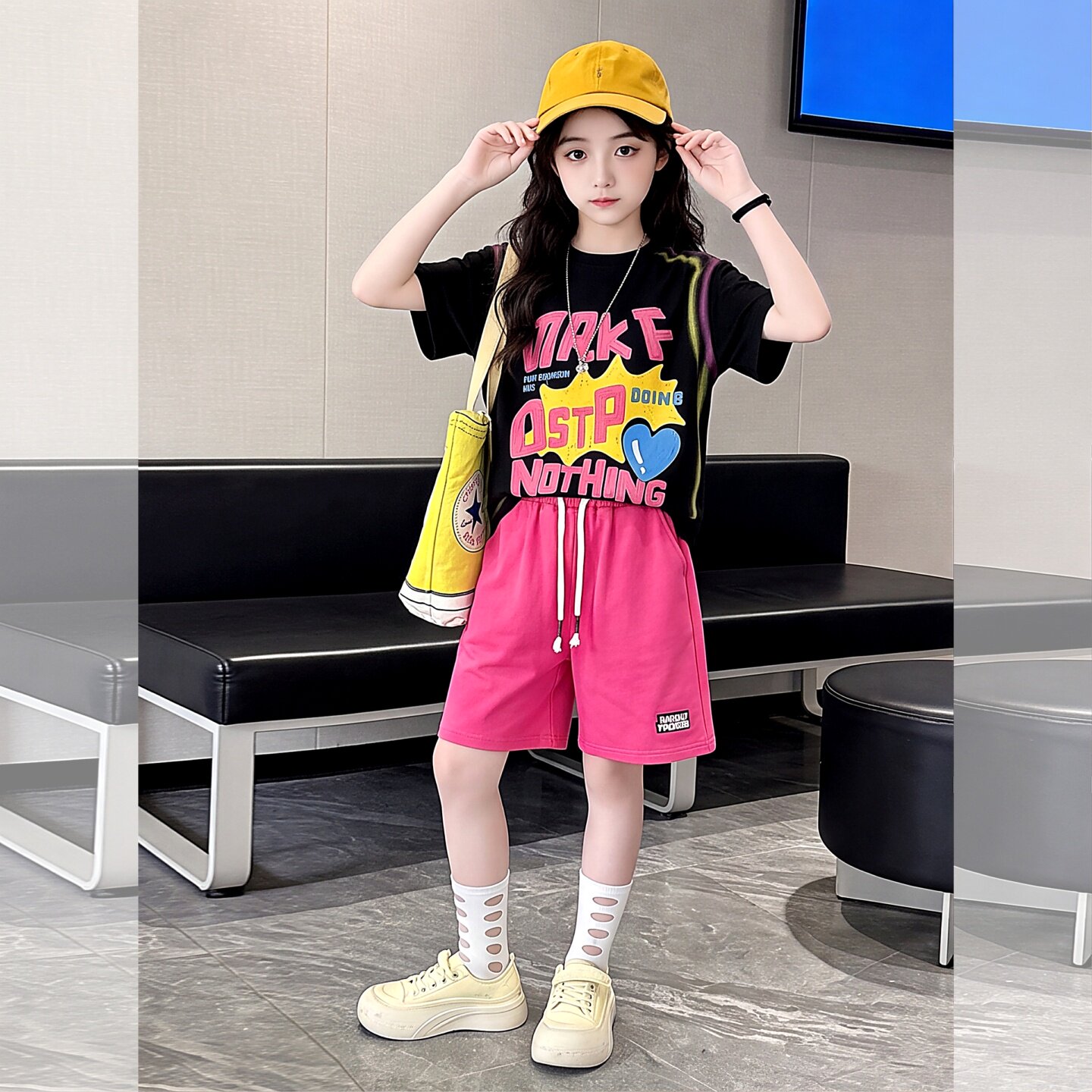 女童短袖短裤套装夏季新款多巴胺