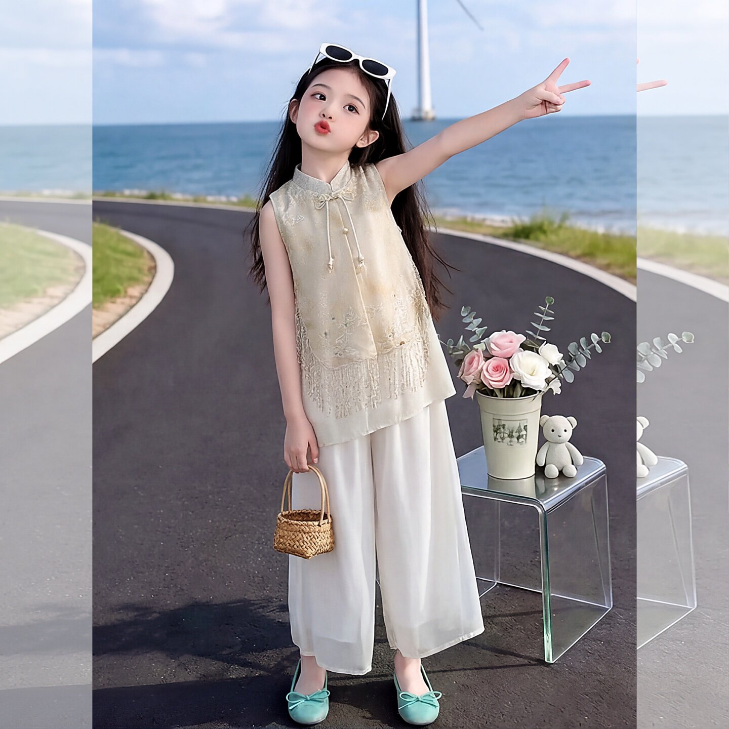 女童夏装新中式风盘扣流苏马甲女