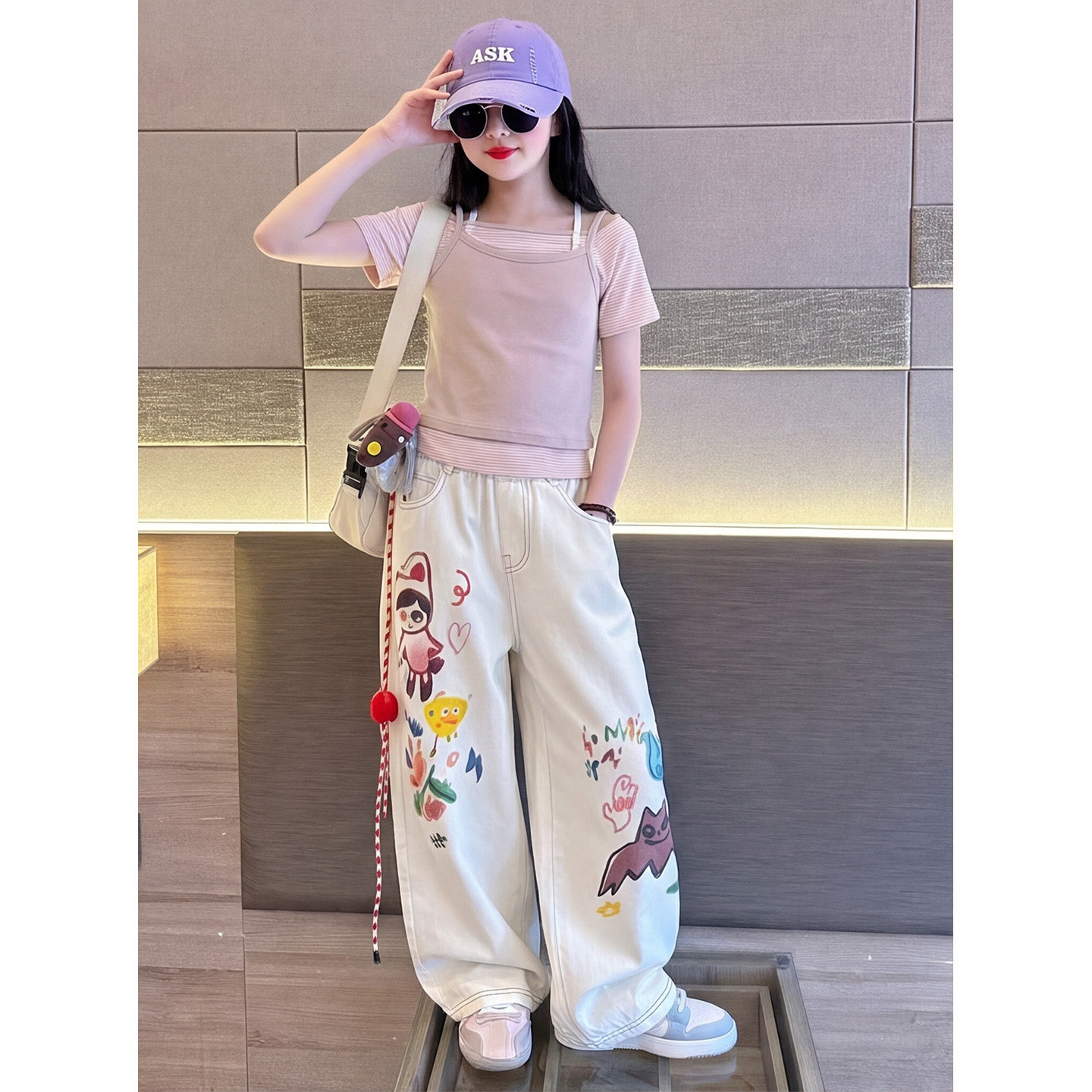 女童2026夏季新款叠穿露肩弯刀裤