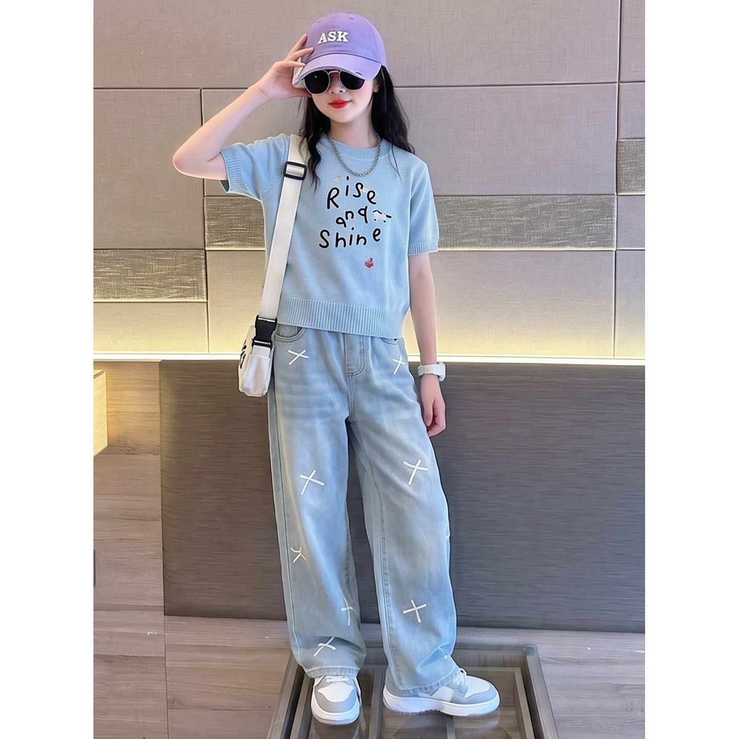 女童冰丝短袖亮钻牛仔裤套装夏季