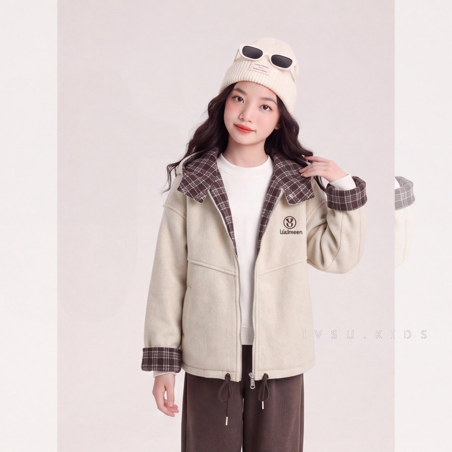 女童格子拼接连帽毛呢外套秋冬