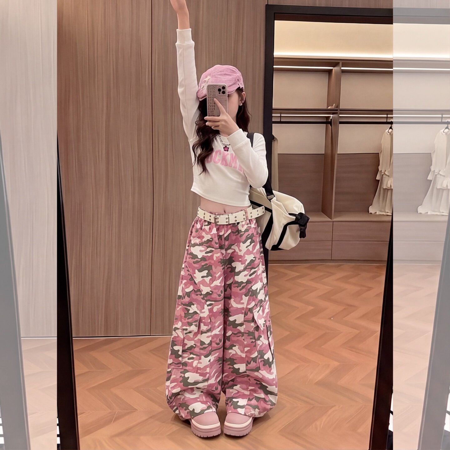 女童粉色迷彩工装阔腿裤套装辣妹