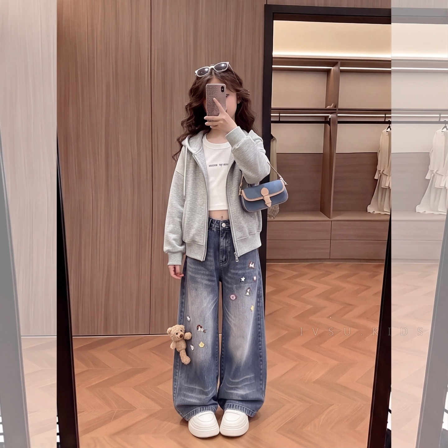 女童时髦秋装套装连帽拉链卫衣外