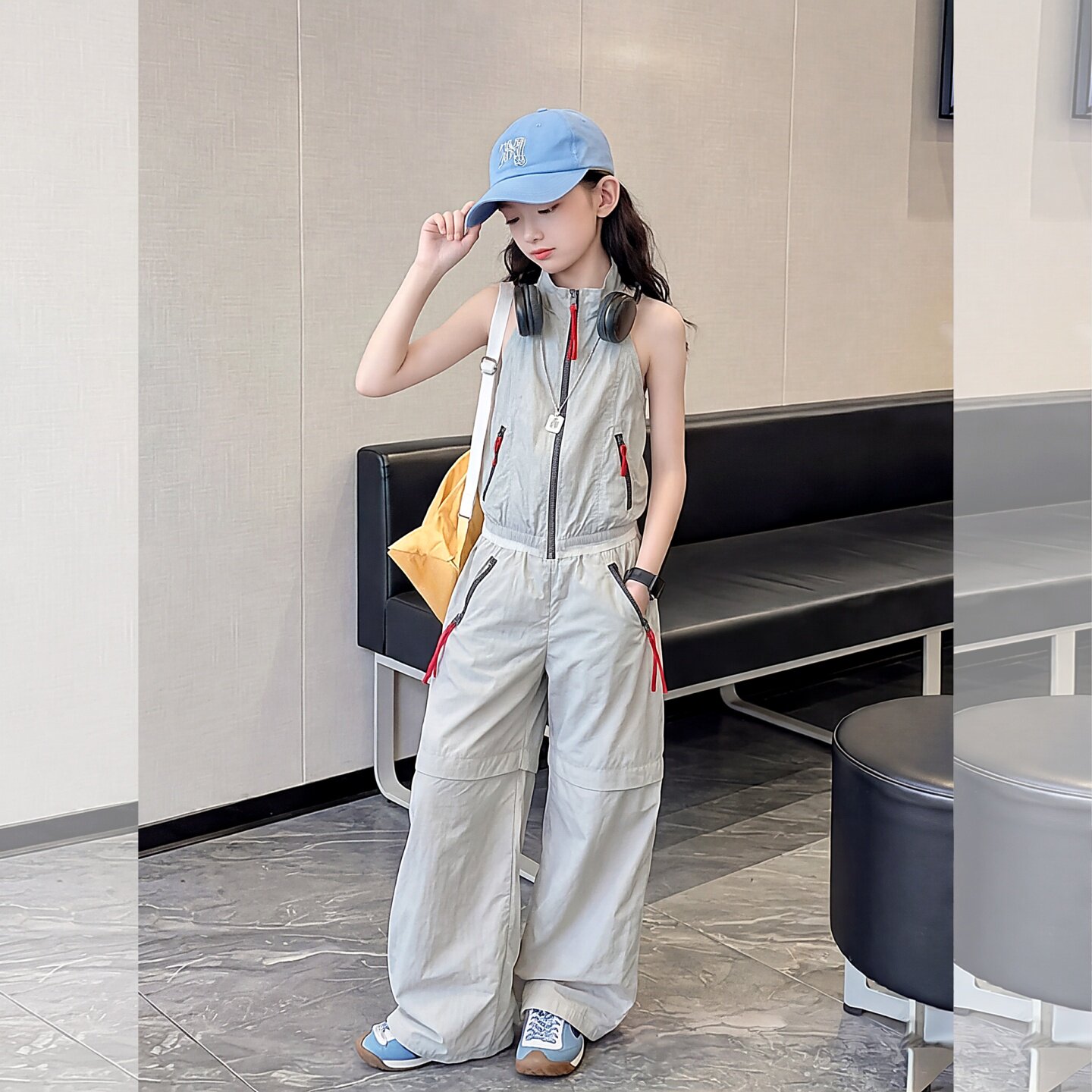 女童美式挂脖露背马甲背心工装阔腿裤套装夏季2026新款儿童穿搭潮