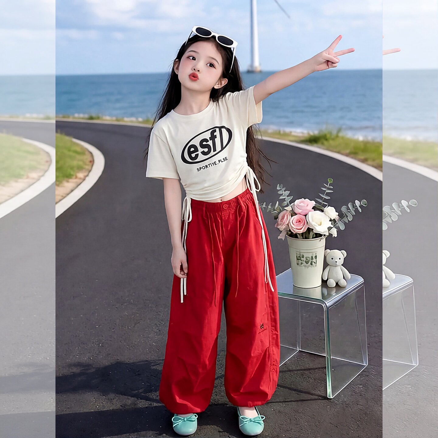 女童工装裤宽松阔腿裤套装2026女
