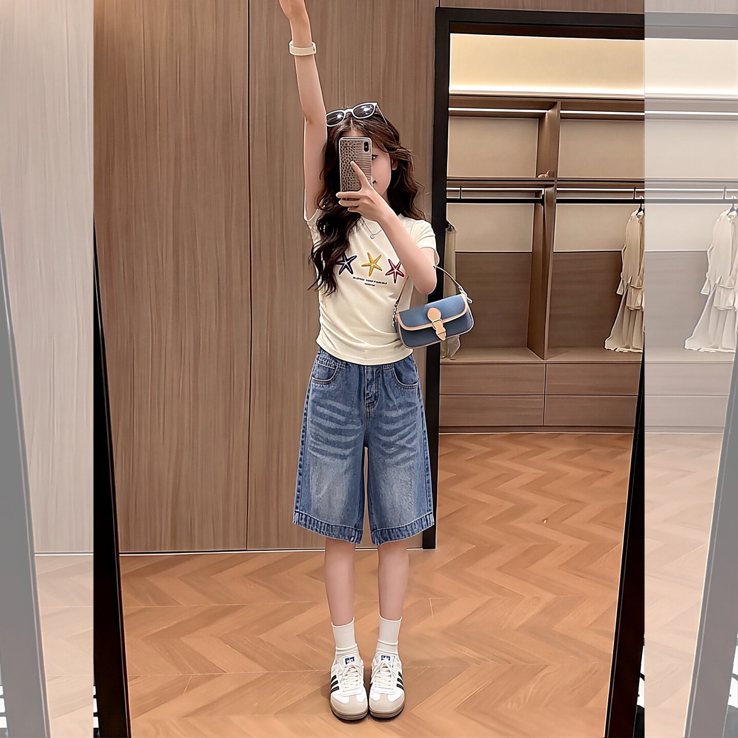 女童彩色海星刺绣抽褶白短袖水/