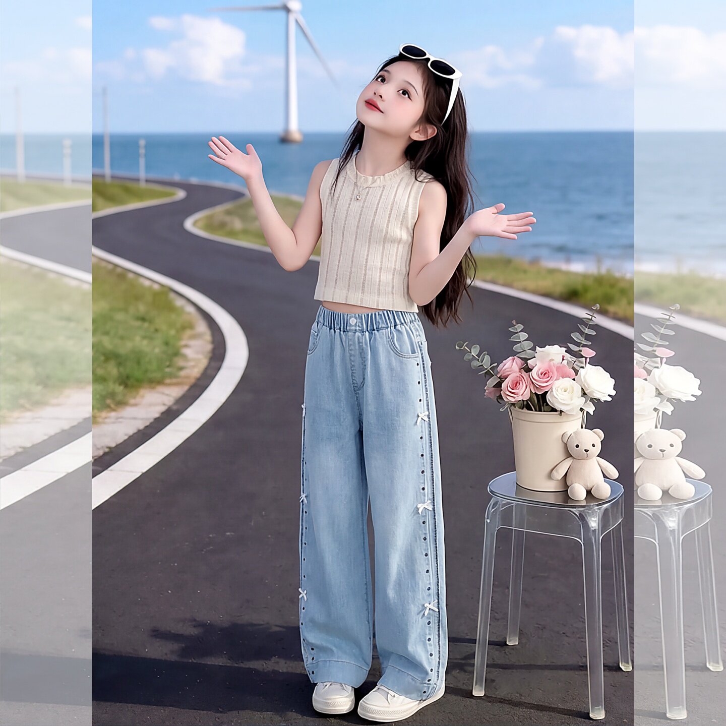 女童裤子夏季2026新款洋气儿童天丝牛仔裤薄款大童凉感直筒阔腿裤