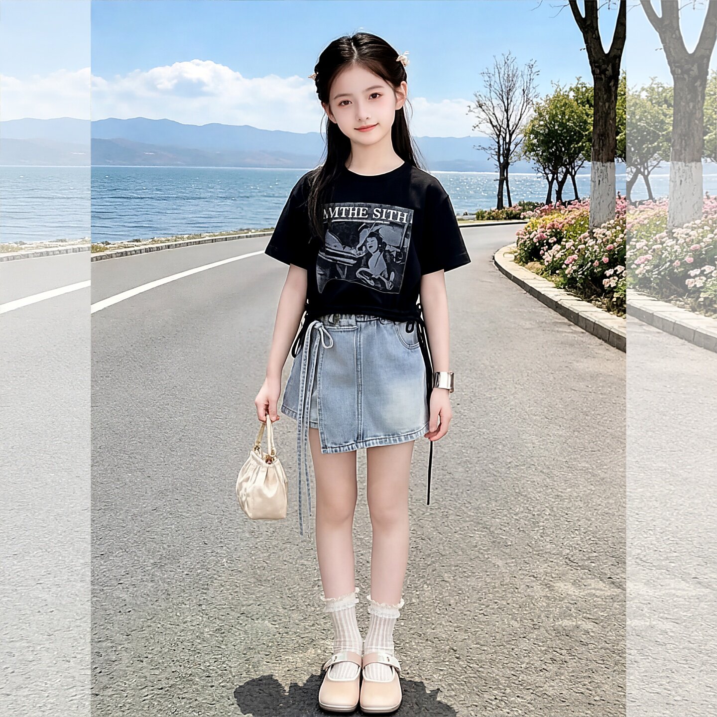 女童夏套装2026新款女孩大童巨好看薄款牛仔短裤初中生潮酷两件套