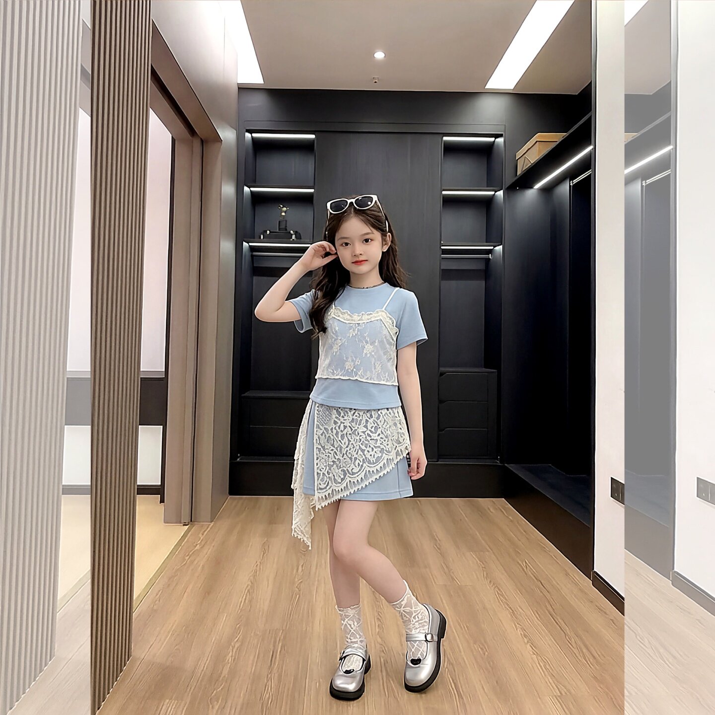 女童韩系儿童连衣裙蕾丝吊带假两