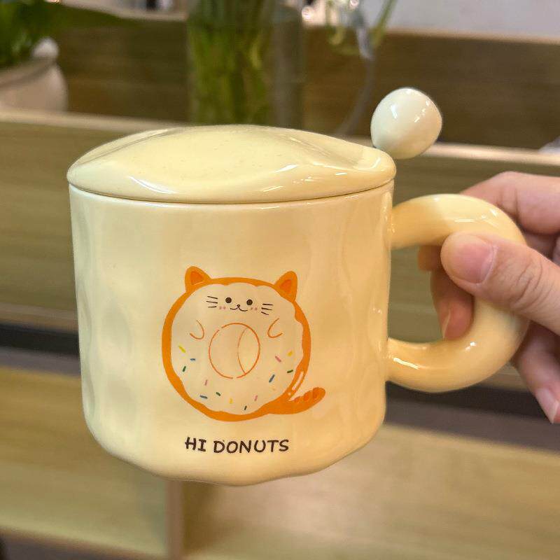 可爱卡通陶瓷杯女生水杯情侣马克杯带盖勺杯子送闺蜜高颜值礼盒装