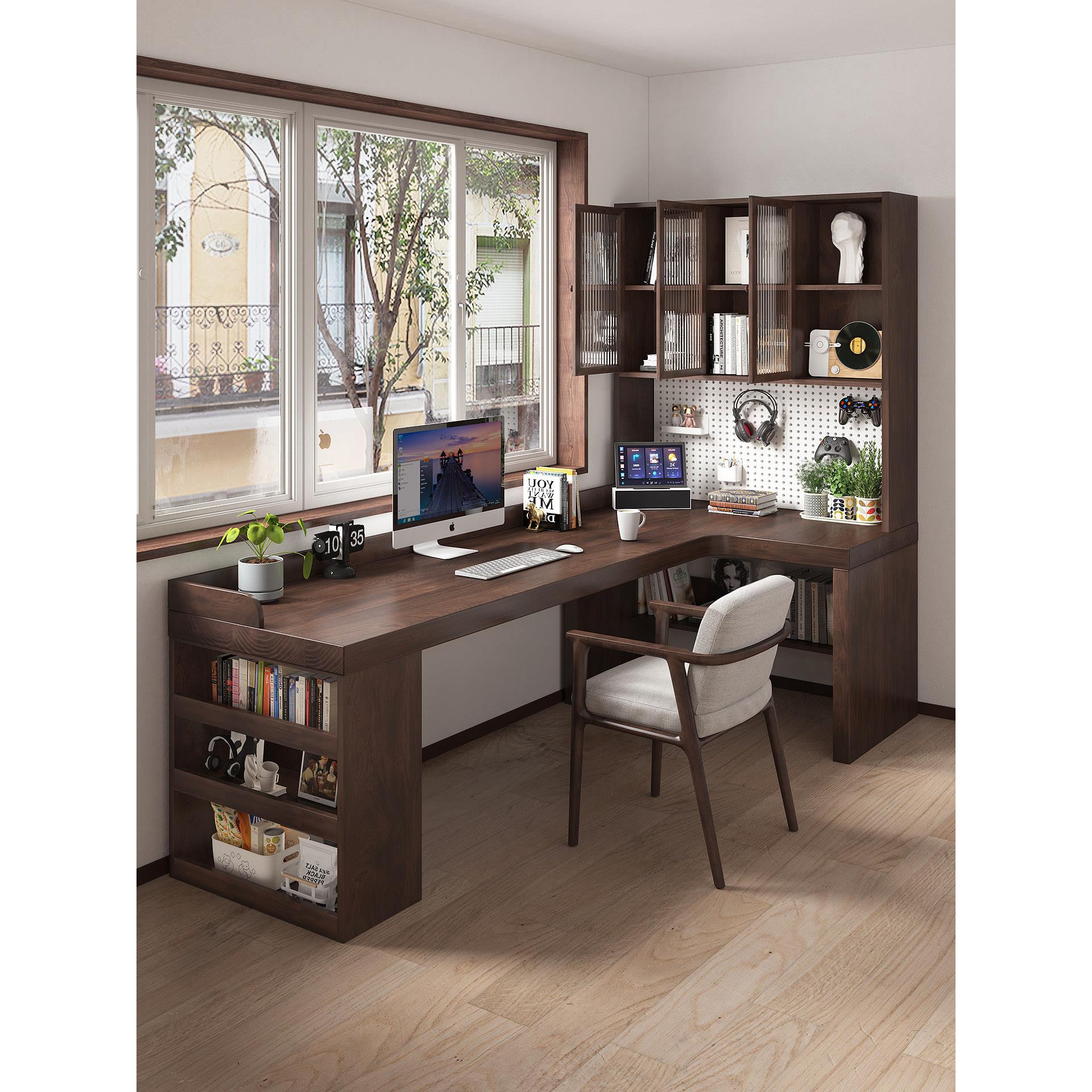 全实木转角书桌书柜一体l型办公工作台式家用拐角电脑桌书架组合
