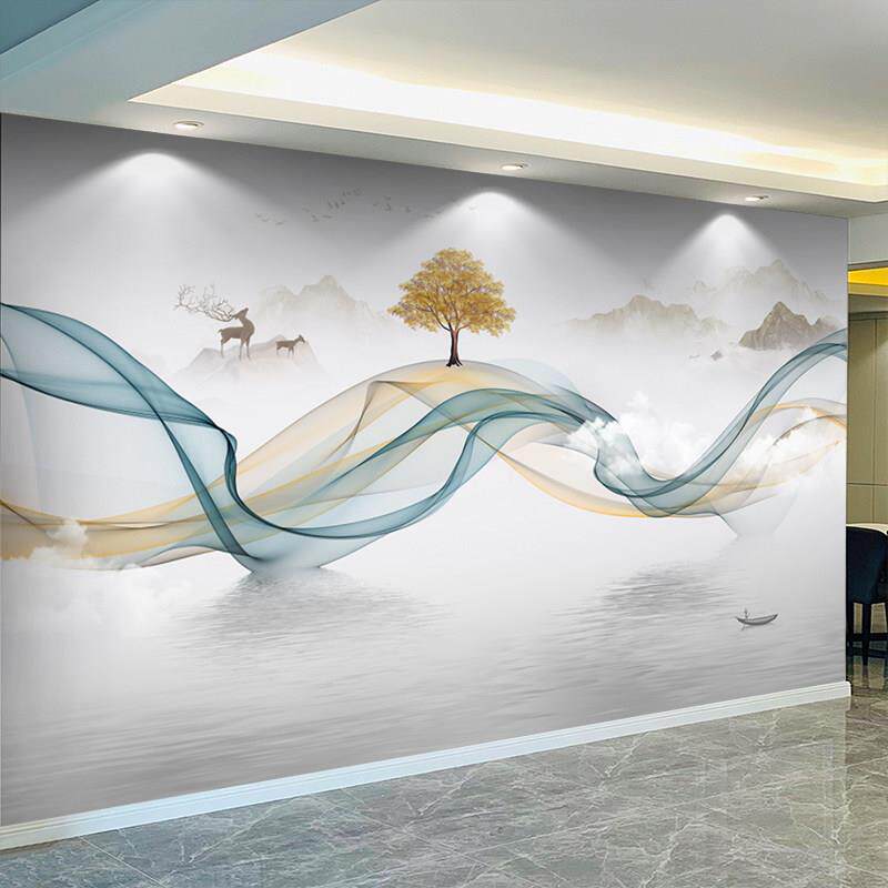 电视背景墙贴画轻奢山水线条定制壁画客厅墙贴影视墙壁布墙布自粘