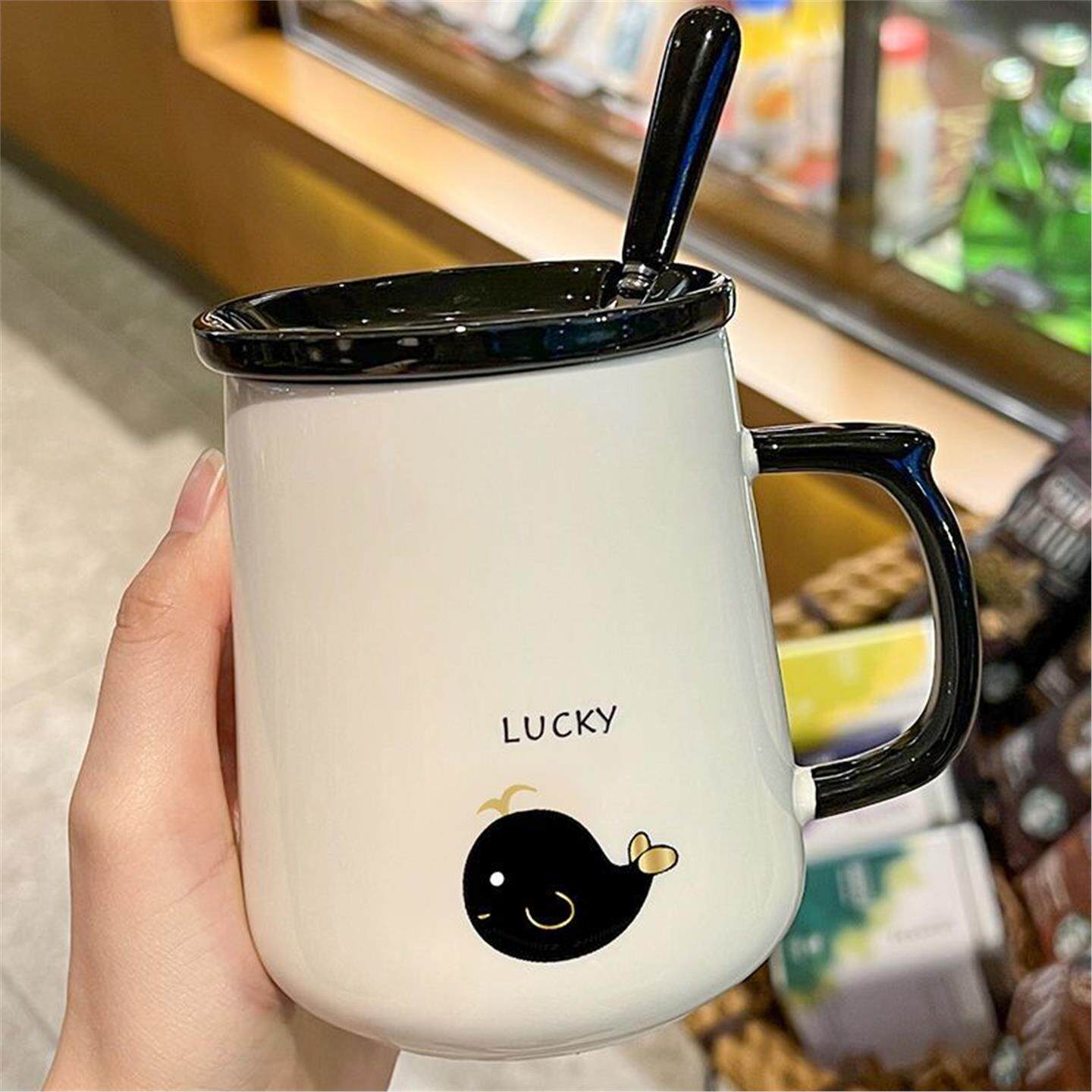 创意咖啡勺杯子办公室情侣男陶瓷网红女生马克杯带盖水杯家用可爱