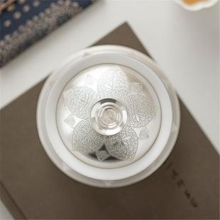 网红碗盖碗茶刻花器三才高档鎏银中式泡茶复古汝窑