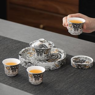 墨龙吐息器组高档茶具泡茶小套小型功夫盖碗中式轻奢描金套装单人