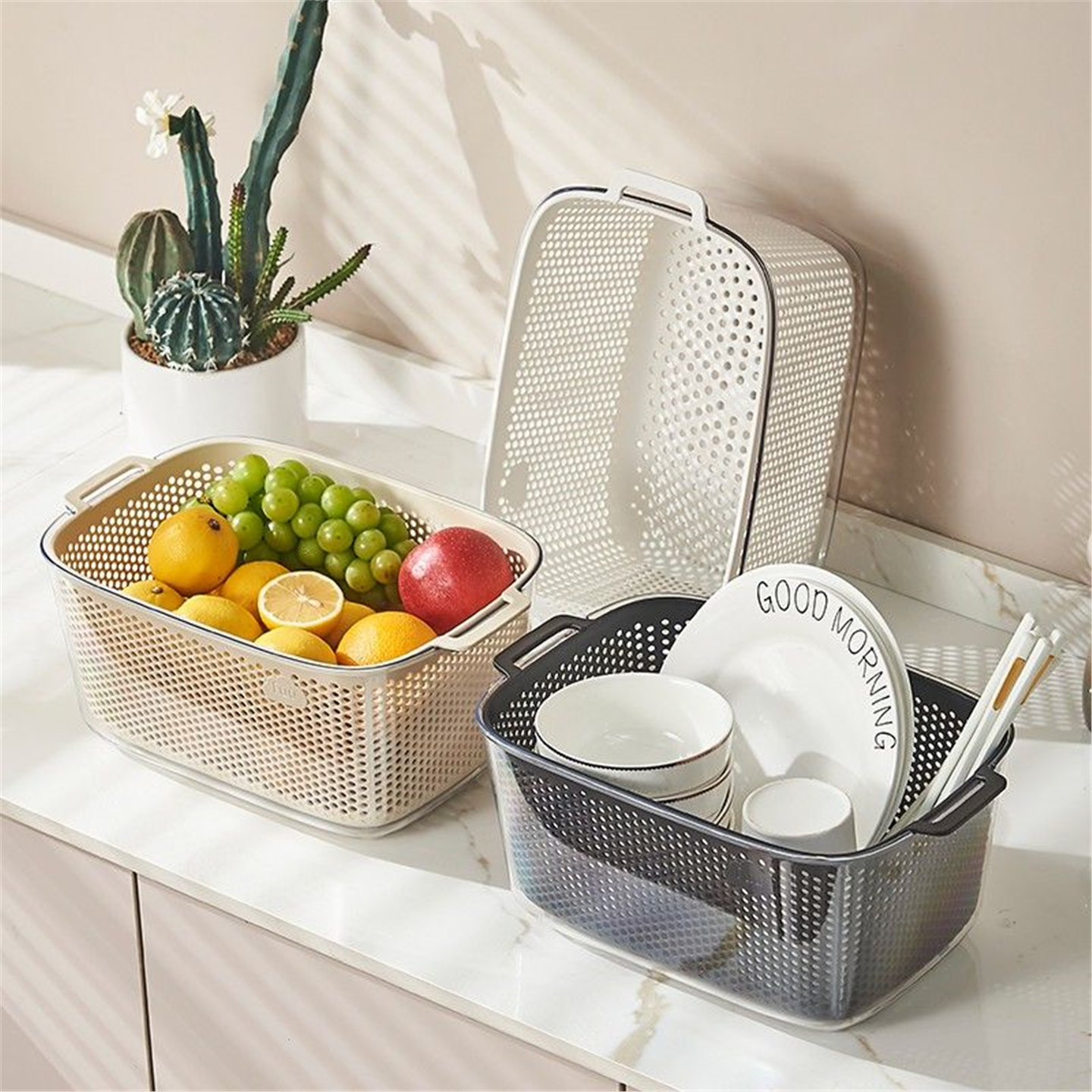 菜篮多功能水果盘沥水水槽加厚盆大容量家用洗菜厨房盆中双层盆篮