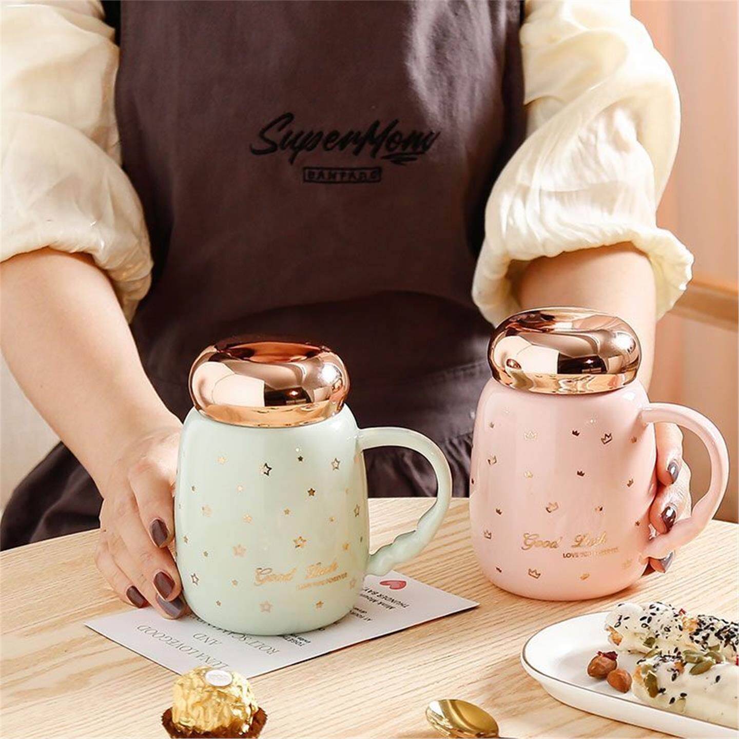 陶瓷小满天星咖啡杯牛奶带盖情侣清新家用大容量女杯子学生马克杯