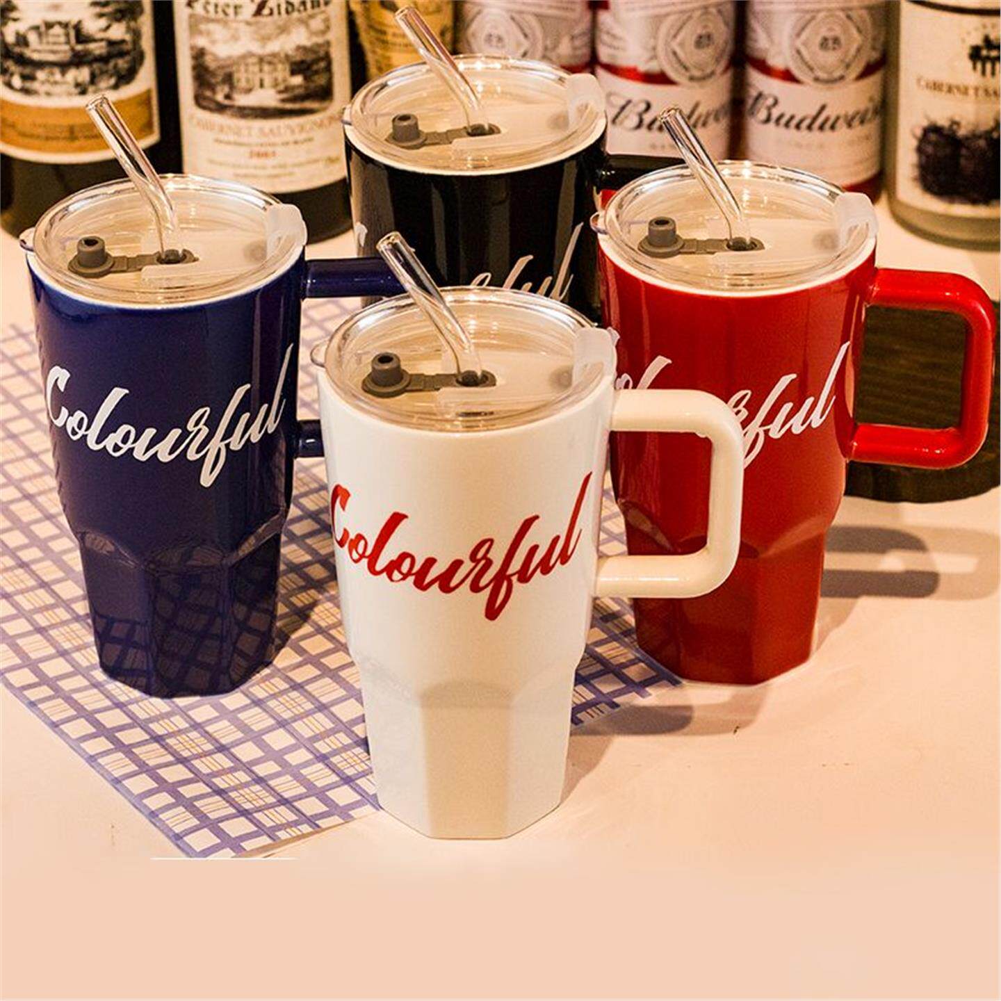 吸管办公室男情侣女士杯子带盖家用车载咖啡杯水杯陶瓷复古马克杯