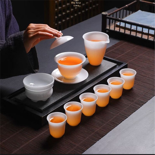 冰雪冰种白功夫家用茶具10盖碗套装羊脂玉头办公室瓷聚香杯高档