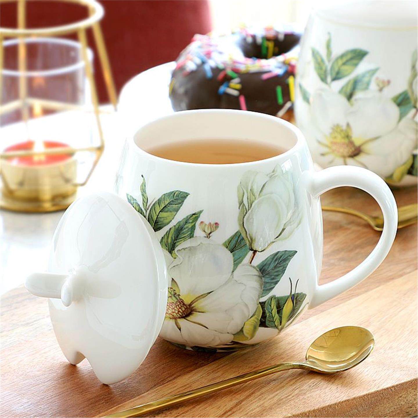 韩版咖啡杯骨瓷杯牛奶水杯带盖创意杯子可爱情侣花朵马克杯勺陶瓷