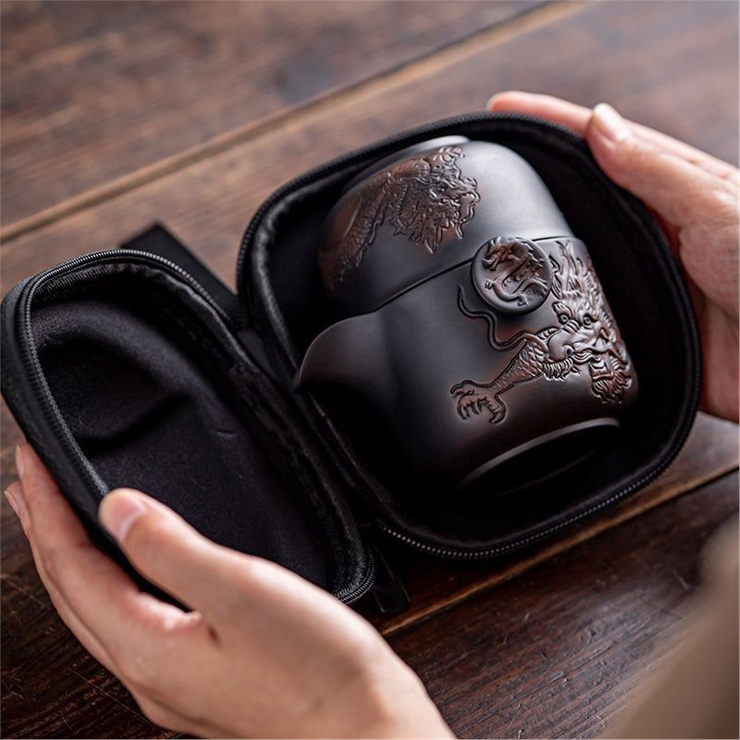 一壶快户外套装旅行礼品紫陶便携式两杯定制浮雕紫砂茶具客杯腾龙