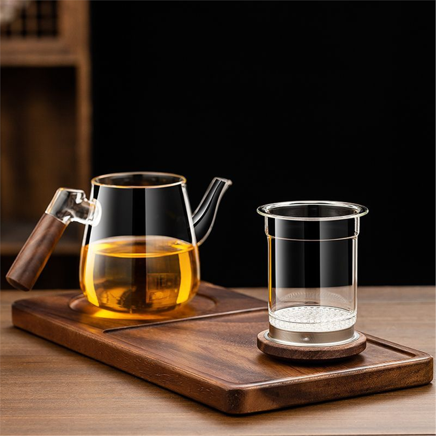 玻璃茶杯侧器把胡桃木泡茶水三件泡杯分离冲茶功夫茶壶过滤茶具