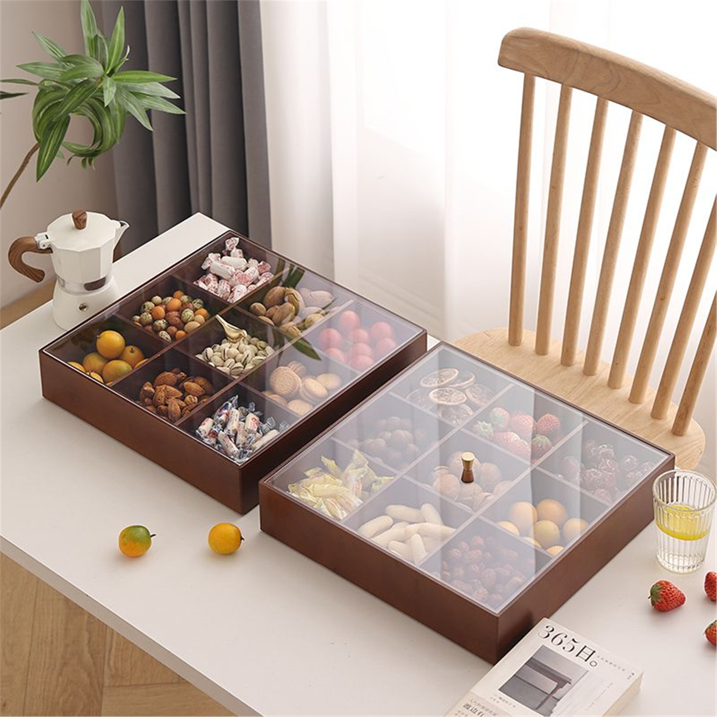 中式客厅干果实木双层糖果盒家用新坚果盘糖果盒茶几果盘收纳分格