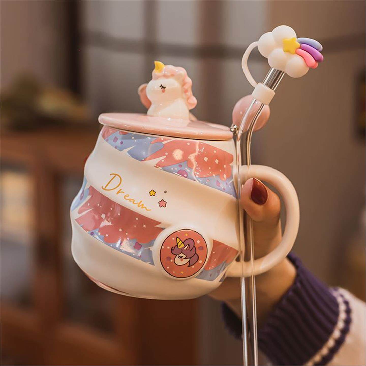 礼物家用独角兽杯子勺早餐带盖咖啡可爱办公室马克杯陶瓷女生水杯