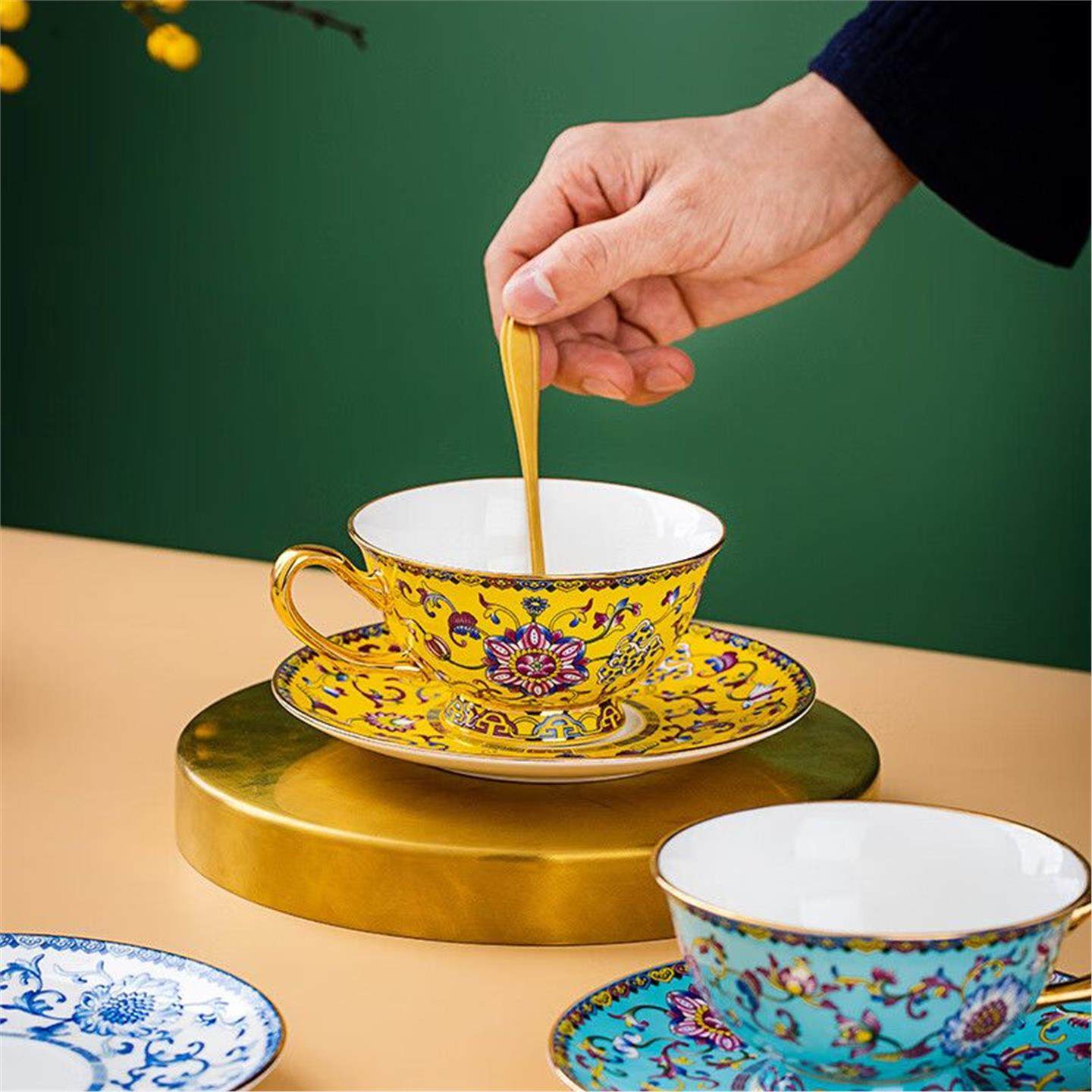 家用珐琅咖啡杯景德镇中式精致茶杯宫廷高档陶瓷杯子套装下午骨瓷