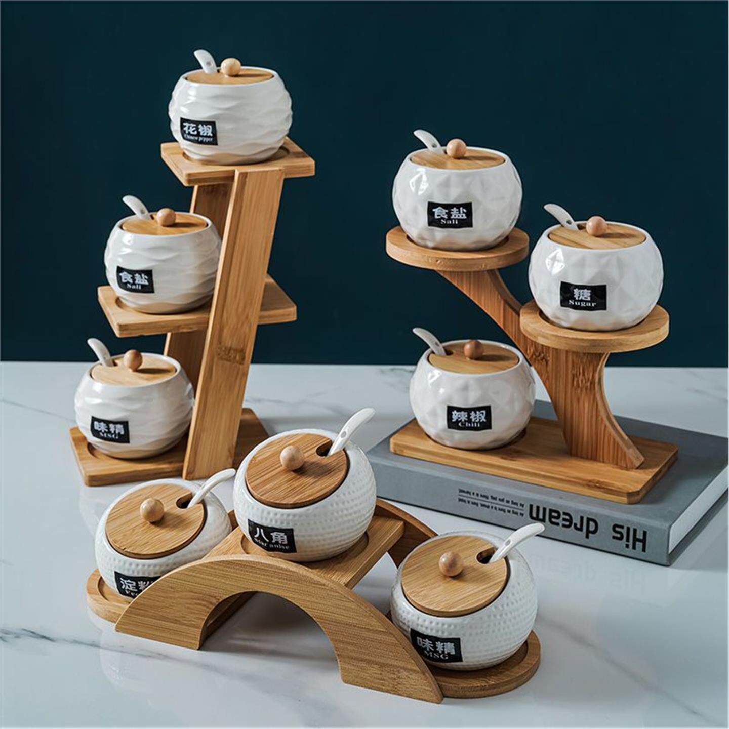 网红盒家用瓶罐调料鸡精陶瓷三件套厨房调料罐盐调味组合糖套装味