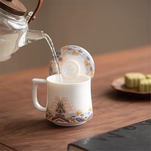 个人中式办公室马克杯茶杯德化专用带盖白瓷高端泡陶瓷水杯羊脂玉