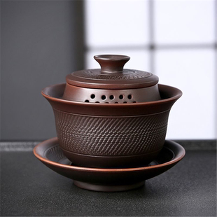 紫陶大容量茶碗家用高档保证三才泡器跳刀盖碗泡茶盖碗复古