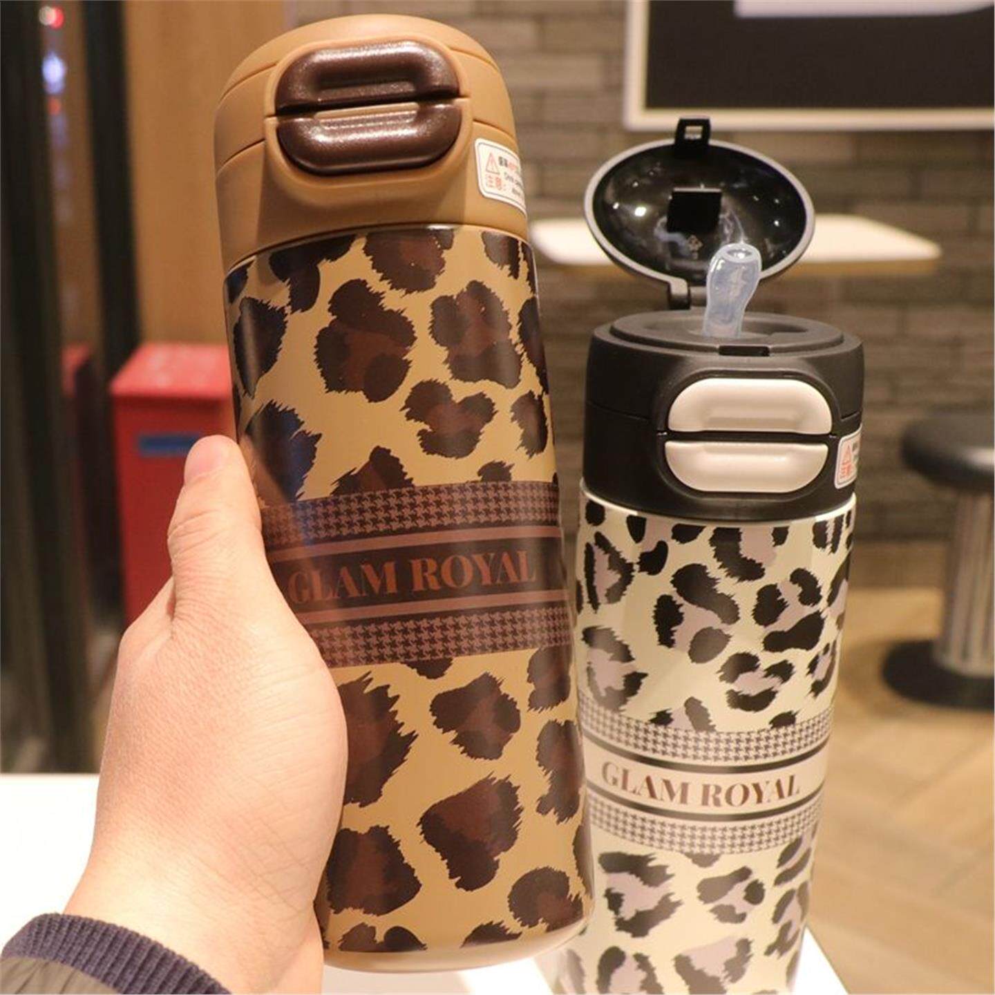 女款双保温杯豹纹学生咖啡杯杯杯子新款吸管时尚2026办公室饮口