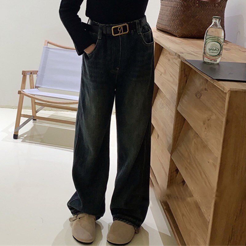 女童加绒裤子冬季2025新款洋气一体绒小女孩直筒阔腿裤儿童牛仔裤