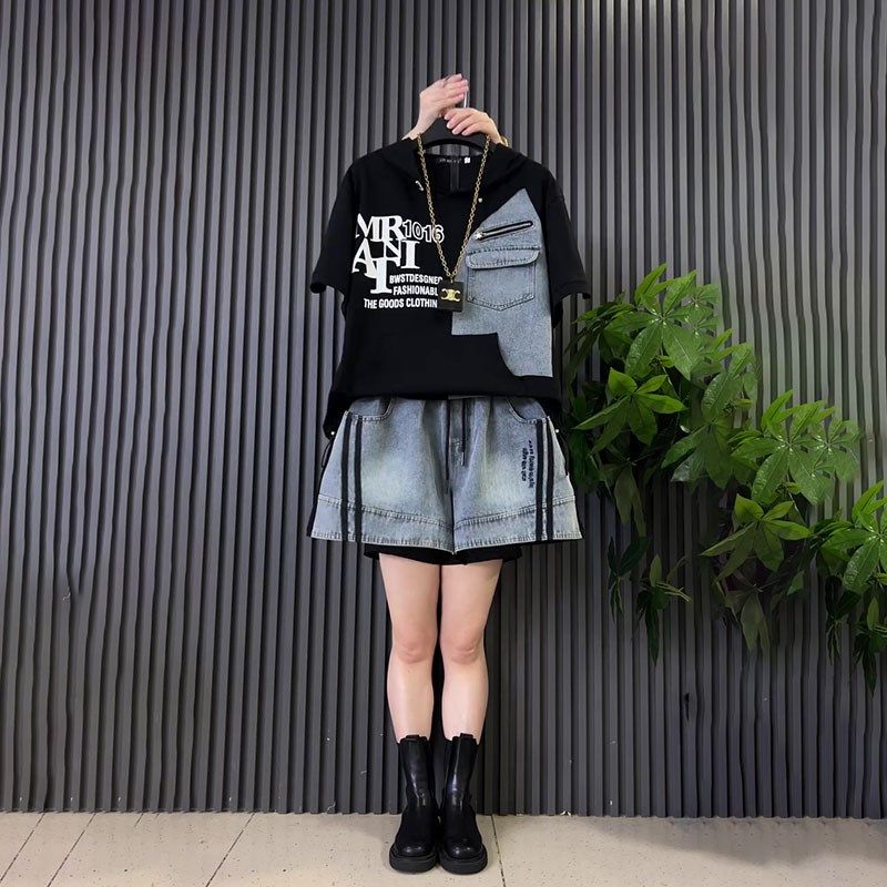 大码女装2024胖MM短袖圆领拼接小衫休闲牛仔短裤两件套装夏季新款