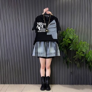 大码女装2024胖MM短袖圆领拼接小衫休闲牛仔短裤两件套装夏季新款