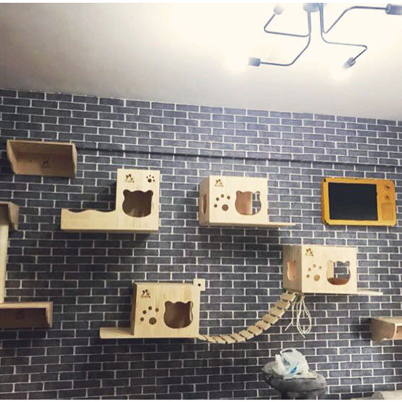 实木猫墙壁挂猫窝跳台软梯吊桥diy猫爬架墙壁式太空舱猫楼梯 靠墙