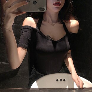 一字领挂脖漏锁骨露肩上衣夏季性感紧身黑色显瘦t恤女短袖打底衫