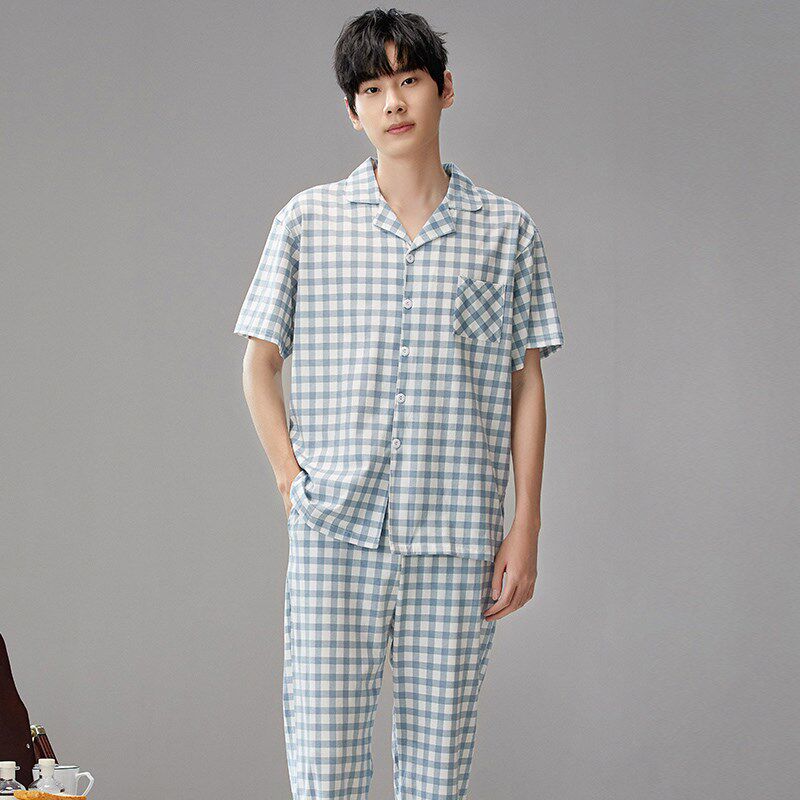 2024年新款睡衣男夏季纯棉薄款短袖长裤格子舒适宽松高级感家居服