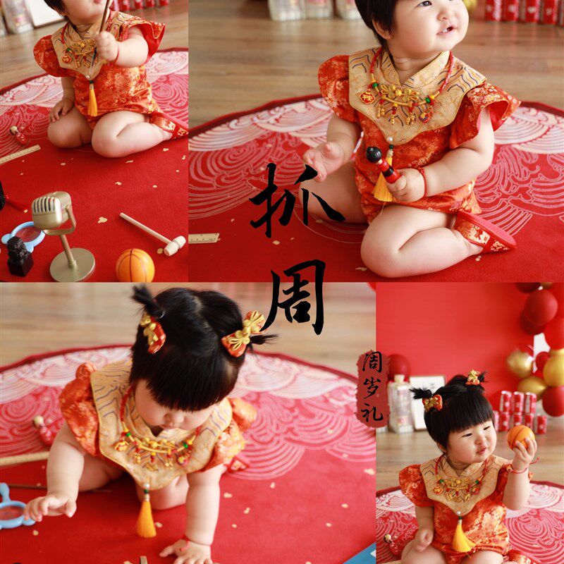 周岁礼服男女宝宝夏季短袖包P衣婴儿百日宴中式连体薄款抓周冠衣