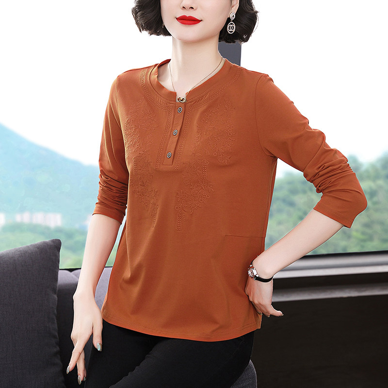 纯棉长袖t恤女 春秋装新款宽松时尚洋气上衣中老年妈妈打底衫外穿