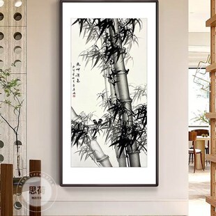 思荷纯手绘竹子中式入户走廊玄关装饰壁画办公室书房水墨禅意挂画