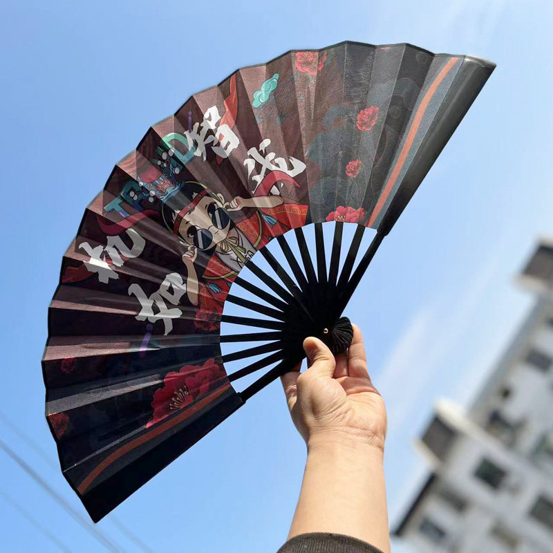 新款10寸古风折叠扇双面网红酒吧蹦迪绢布折扇漫画潮语中国风扇子